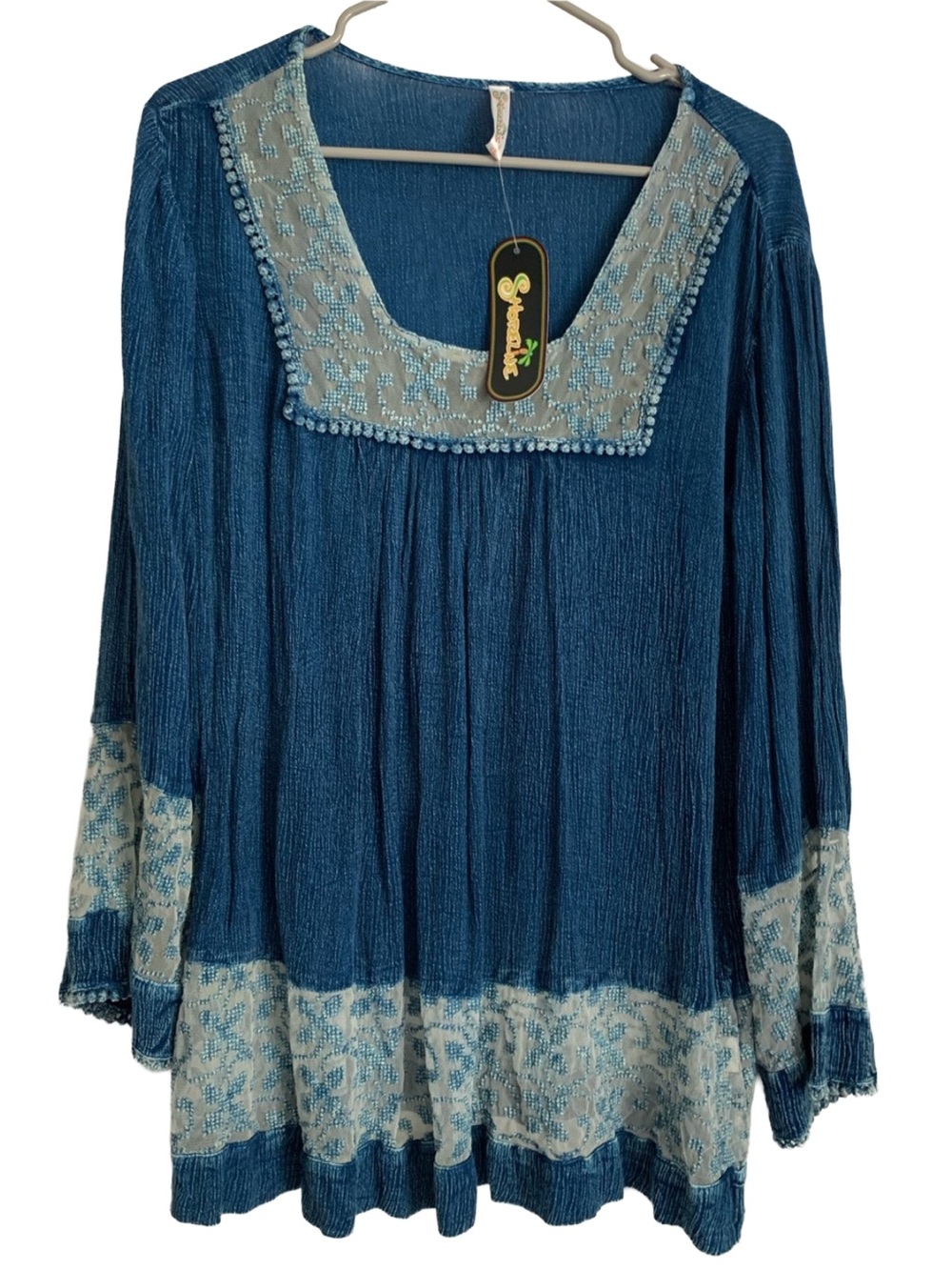 SHORELINE Chambray Blue Gauze Square Neck Rayon Blouse